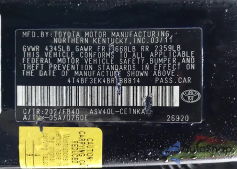 2011 Toyota Camry Le z USA, uszkodzony, nr VIN 4T4BF3EK4BR188814